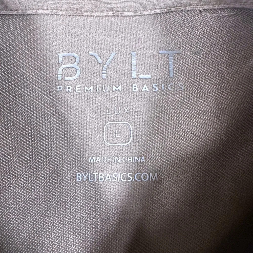BYLT Long Sleeve Polo Men Large Fawn Lux Cotton Blend Curved Hem Stretch